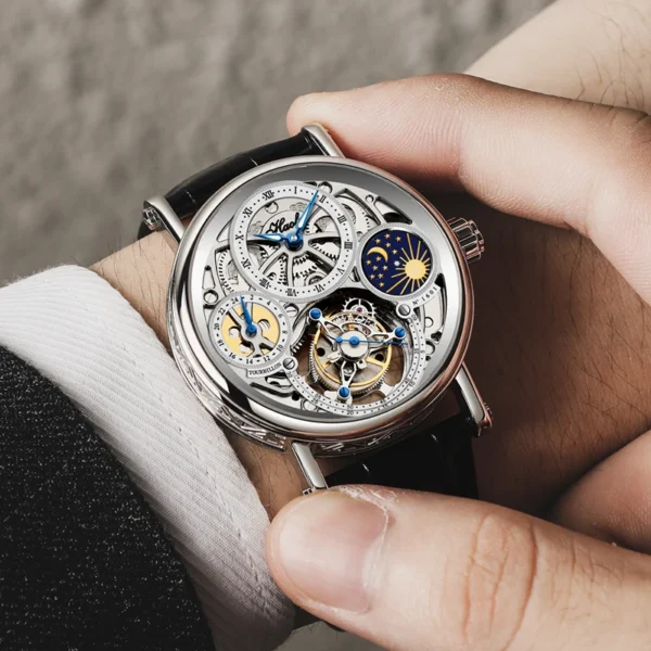 Haofa Skeleton GMT Tourbillon Movement Mens Watch Sapphire Mechancial Tourbillon Wristwatches Day And Night Watch 1601