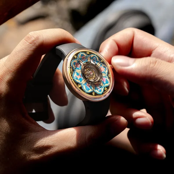 CRONUSART Men Tourbillon Watch 43mm Titanium Mechanical Wristwatch Luminous Tangka Enamel Dial Fluororubber Strap Skeleton