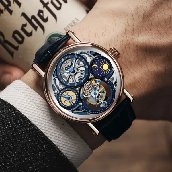 Haofa Skeleton GMT Tourbillon Movement Mens Watch Sapphire Mechancial Tourbillon Wristwatches Day And Night Watch 1601