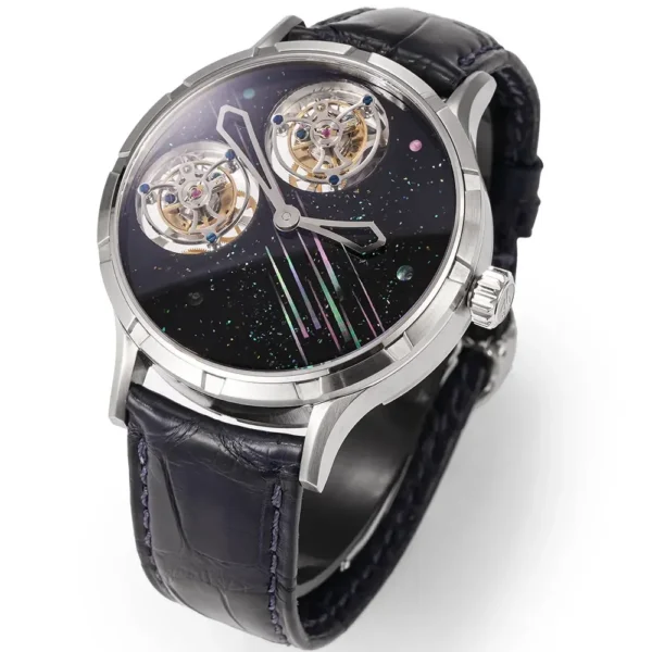 2025 New Luxury Men's Watch 45mm Dual Tourbillon Custom Carved Movement Painted Mother of Pearl Dial Automatic Watch