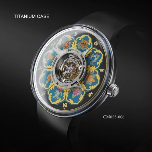 CRONUSART Men Tourbillon Watch 43mm Titanium Mechanical Wristwatch Luminous Tangka Enamel Dial Fluororubber Strap Skeleton