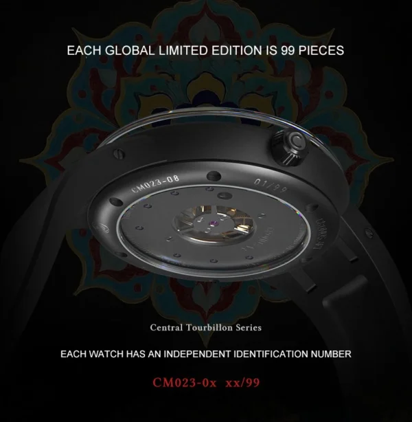 CRONUSART Men Tourbillon Watch 43mm Titanium Mechanical Wristwatch Luminous Tangka Enamel Dial Fluororubber Strap Skeleton