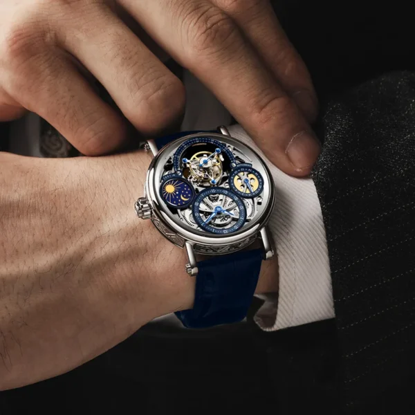 Haofa Skeleton GMT Tourbillon Movement Mens Watch Sapphire Mechancial Tourbillon Wristwatches Day And Night Watch 1601