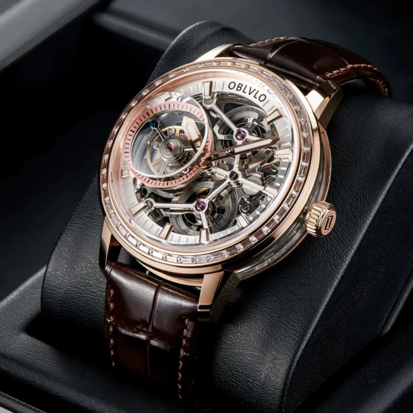 OBLVLO Flying Tourbillon Men Mechanical Watches Diamond Bezel Full Skeleton Dial Watches Super Luminous Sapphire Glass Men Watch