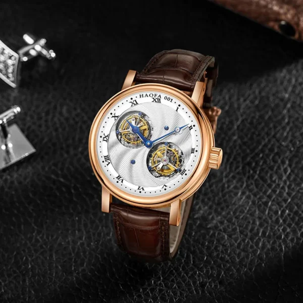 Haofa 18K Solid Gold Double Tourbillon Manual Mechanical Mens Watch Sapphire Business Casual Watches for Man K001